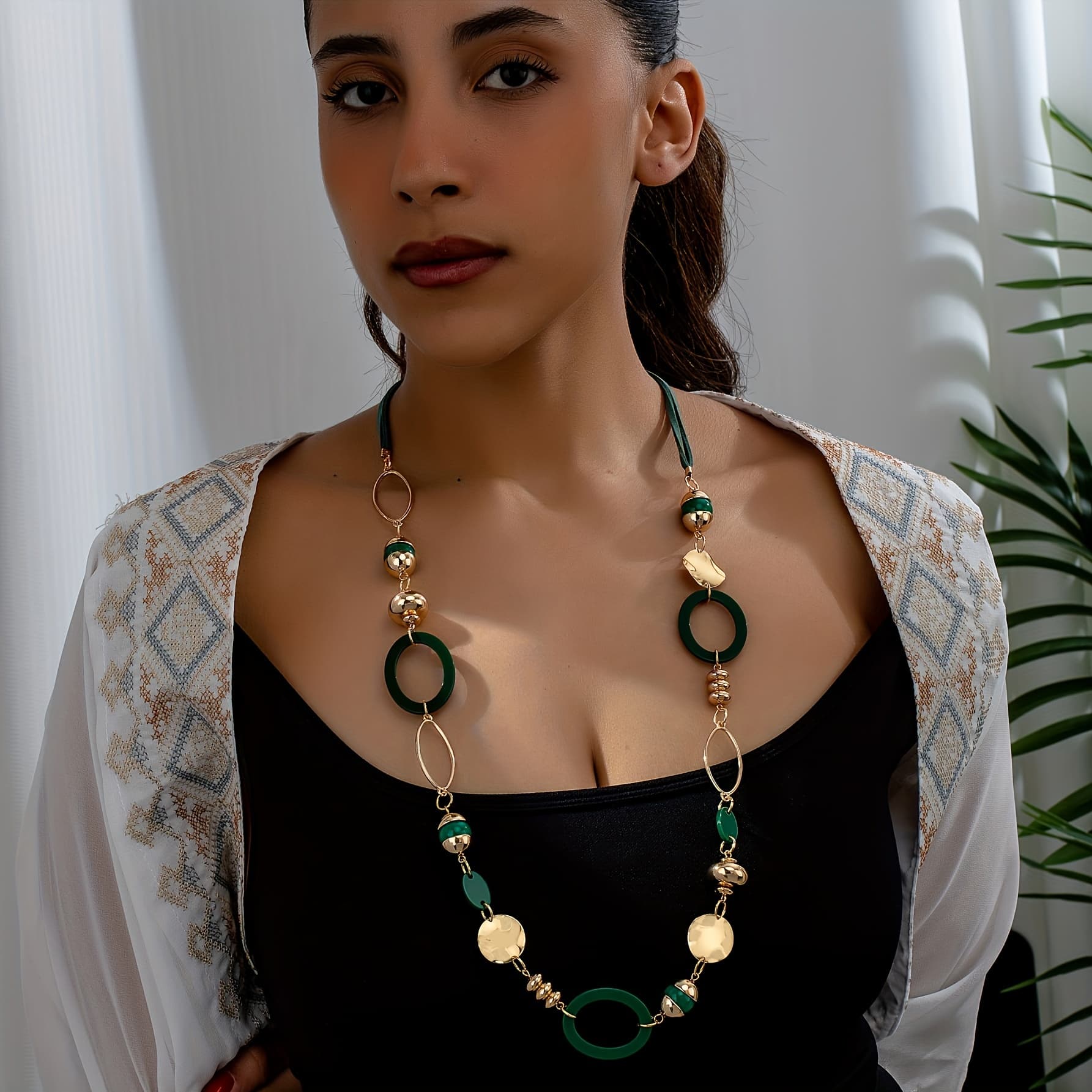 TEMU Bohemian Style Hollow Oval Geometric Mixed Design Women's Fashion Long Necklace Sweater Chain