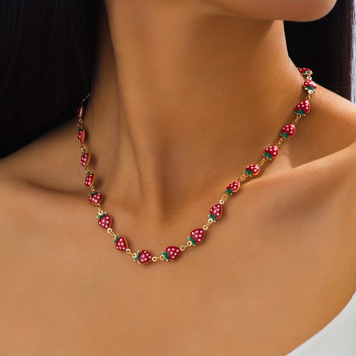 TEMU A Cute And Versatile Handmade Oil-drip Strawberry Necklace, Perfect For Women To Wear On Casual , Gifts, Vacations, Or Parties