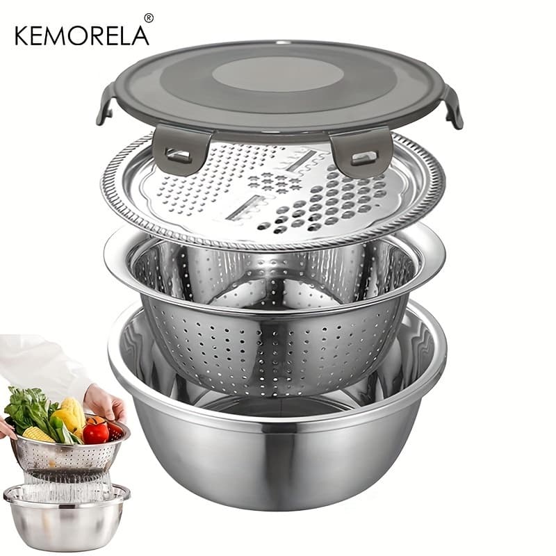 TEMU 1pc Kemorela Stainless Steel Kitchen: Multifunctional Basin With Lid, Airtight Rice Washer, Drain Colander, Ginger & Cheese Grater - Essential Cooking Tools