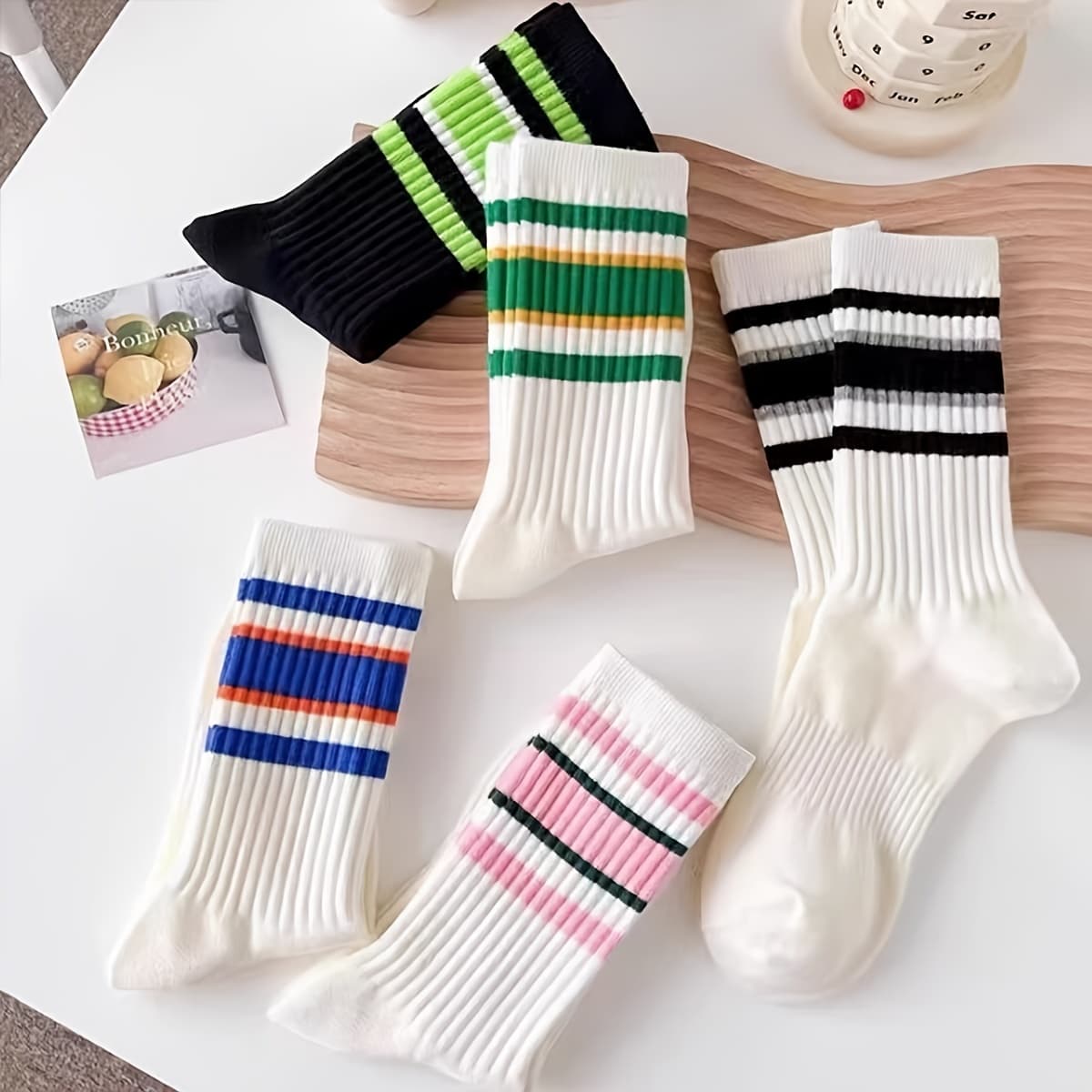 TEMU 10 Pairs Unisex Mid-calf Socks - Trendy Striped & Solid Colors, Breathable Sports Socks For Running, Basketball, And Casual Wear, All , Fashion Socks | Stylish Calf Socks | Lifestyle Socks