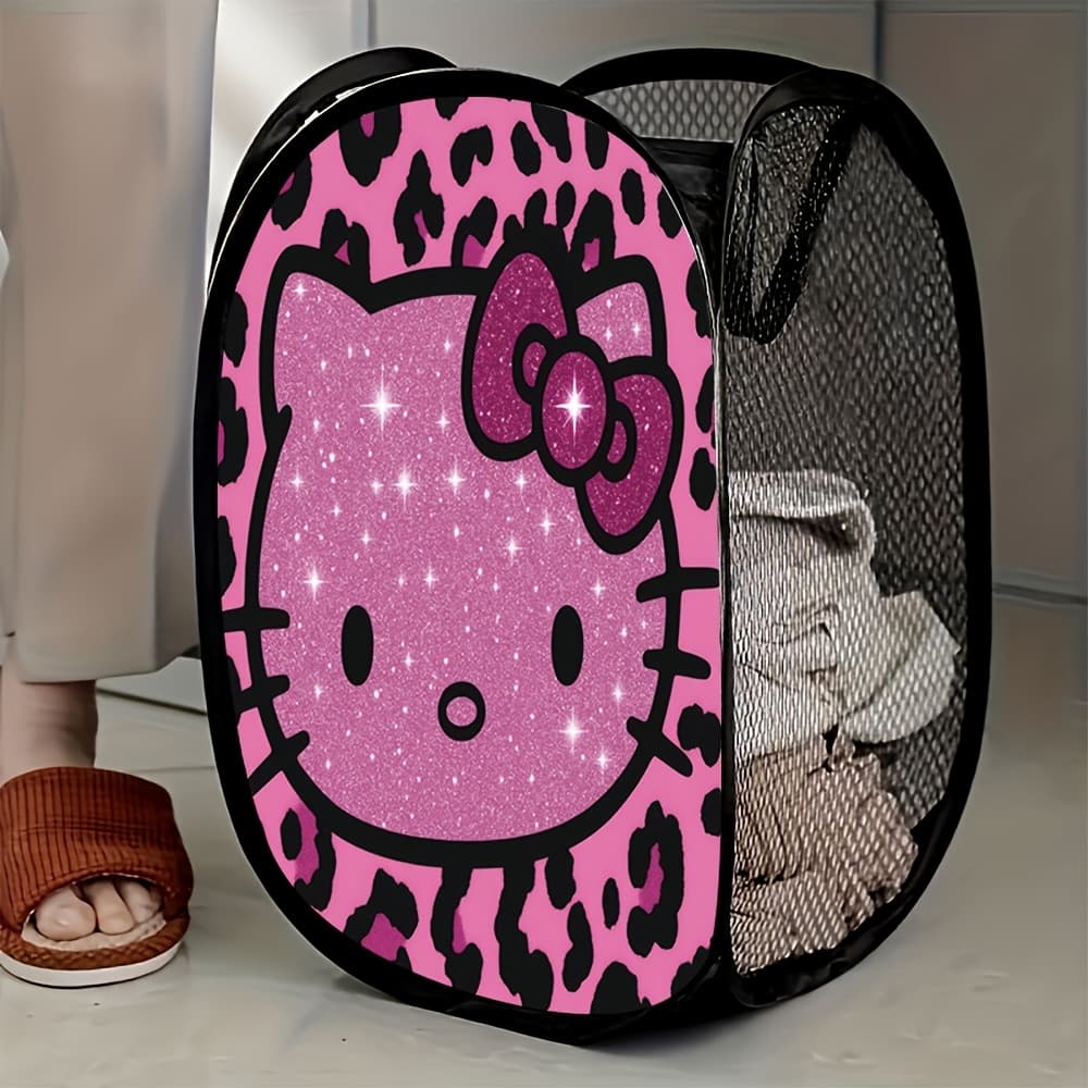 TEMU 1pc Hello Kitty Print Christmas Mesh Pop-up Laundry Hampers With Glitter Pattern Easy Foldable Storage For Bedroom Closet Bathroom Organization