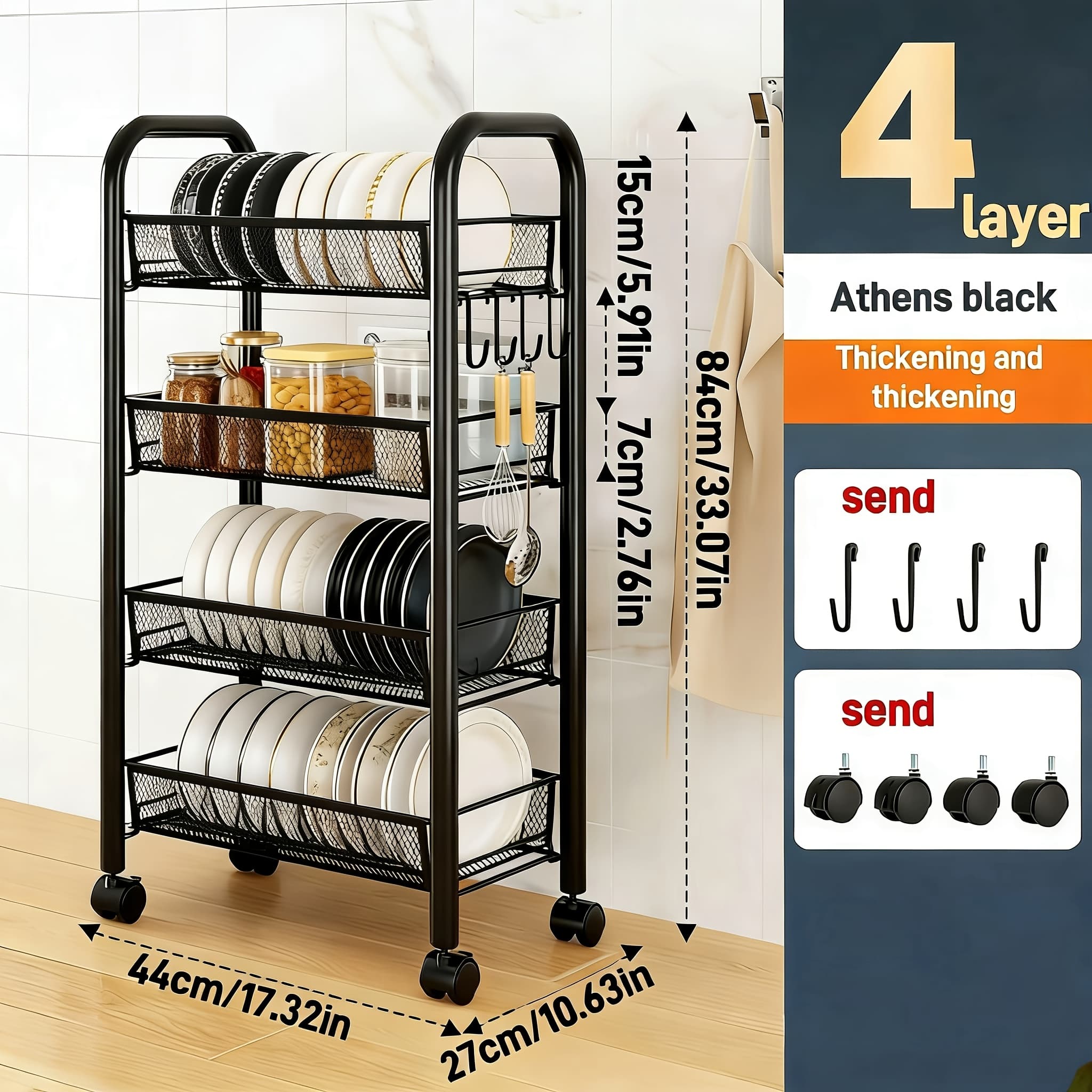 TEMU Mesh Metal Storage Cart, 3-4 Layers Optional, Black, Kitchen Storage Cart, With 4 Plastic Hooks And 4 Rollers, Easy To Move, Suitable For Home, Office, Kitchen Storage, Non Food Contact