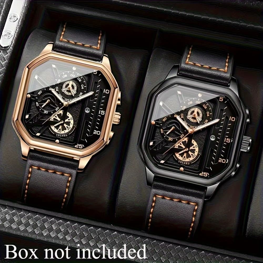 TEMU 2pcs Luxury Men's Faux Leather Strap Quartz Watch Set, With Calendar Dial, Fashion Sport Men's Wristwatch Set, Perfect Gift For Men