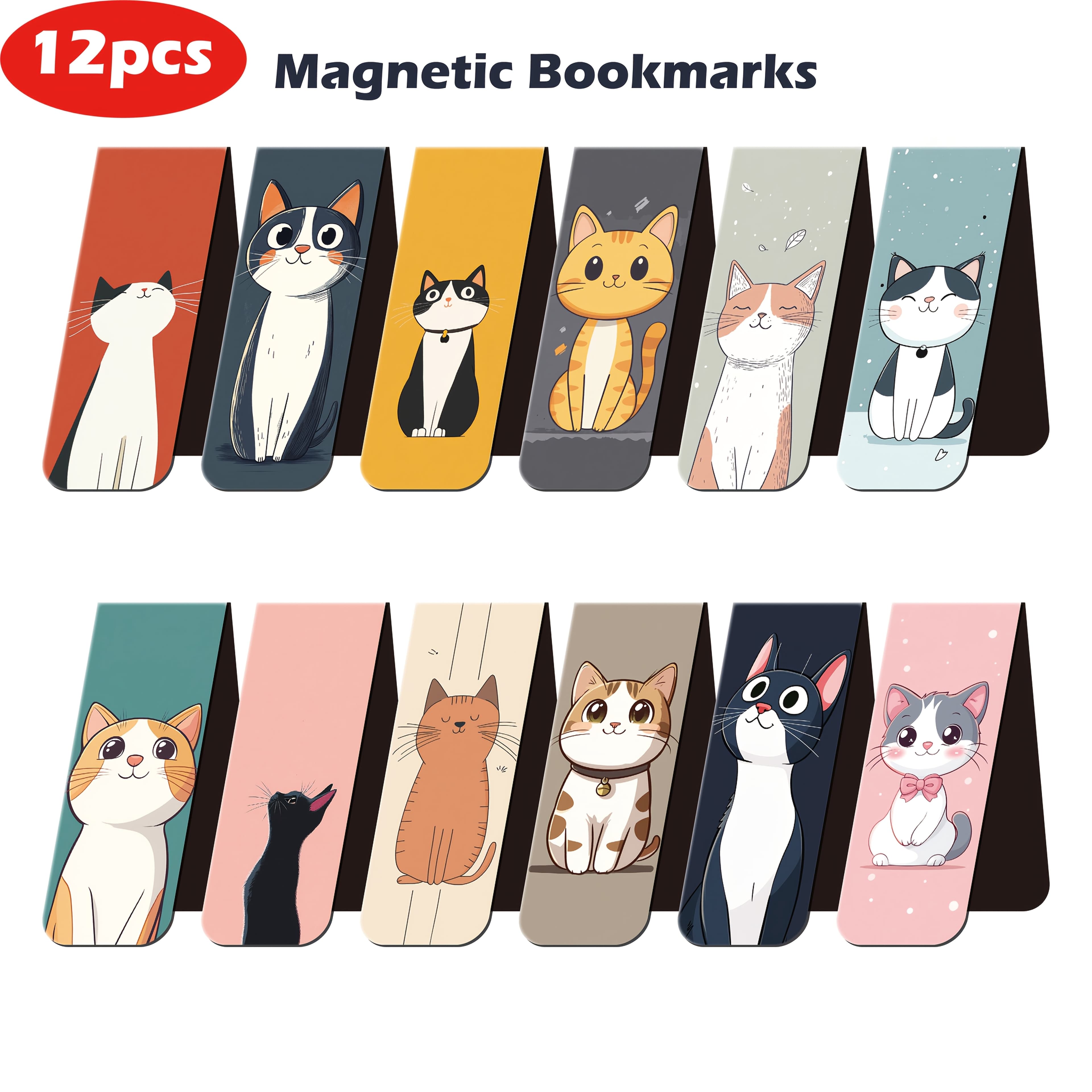 TEMU 12pcs Feline Magnetic Bookmarks - Assorted Cat Designs, Paper Material, Ideal For Readers, Students, Teachers, And Party Gifts