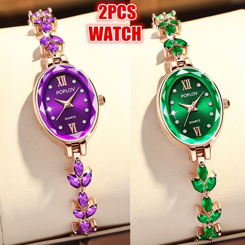 TEMU 2pcs Ladies' New Fashion Watches Sets, Elegant Bracelet Watches (purple + Green), Exquisite Accessories