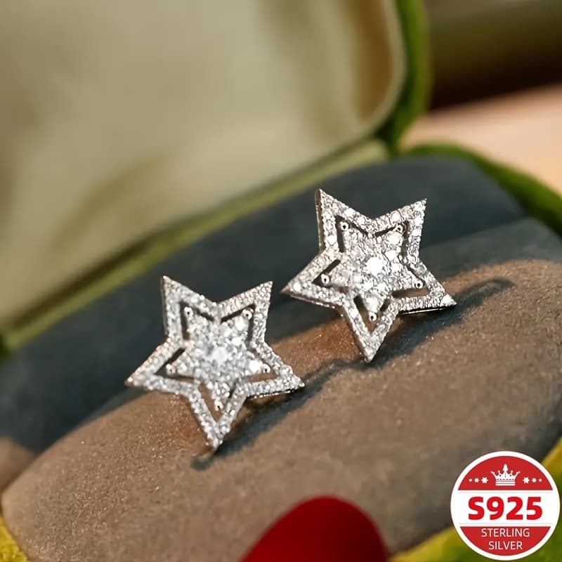 TEMU Elegant S925 Sterling Silvery Star-shaped Stud Earrings And Luxurious For Eid Al-fitr Gifts, With Fashionable Designs