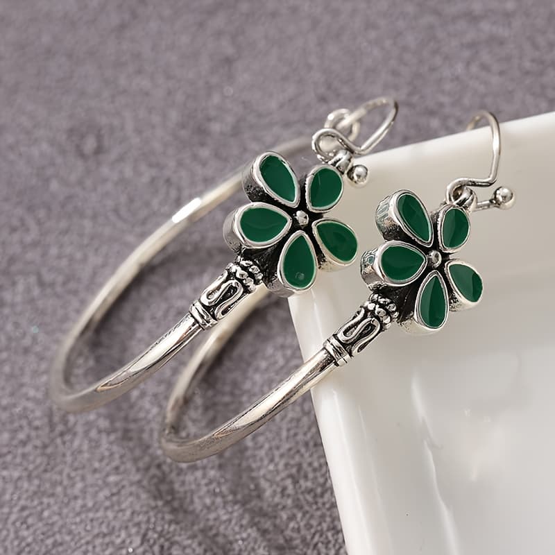 TEMU Vintage Bohemian Flower Silvery Plated Earrings, Copper Earrings, Green Earrings, Suitable For Parties, Vacations, Christmas Gifts, Jewelry