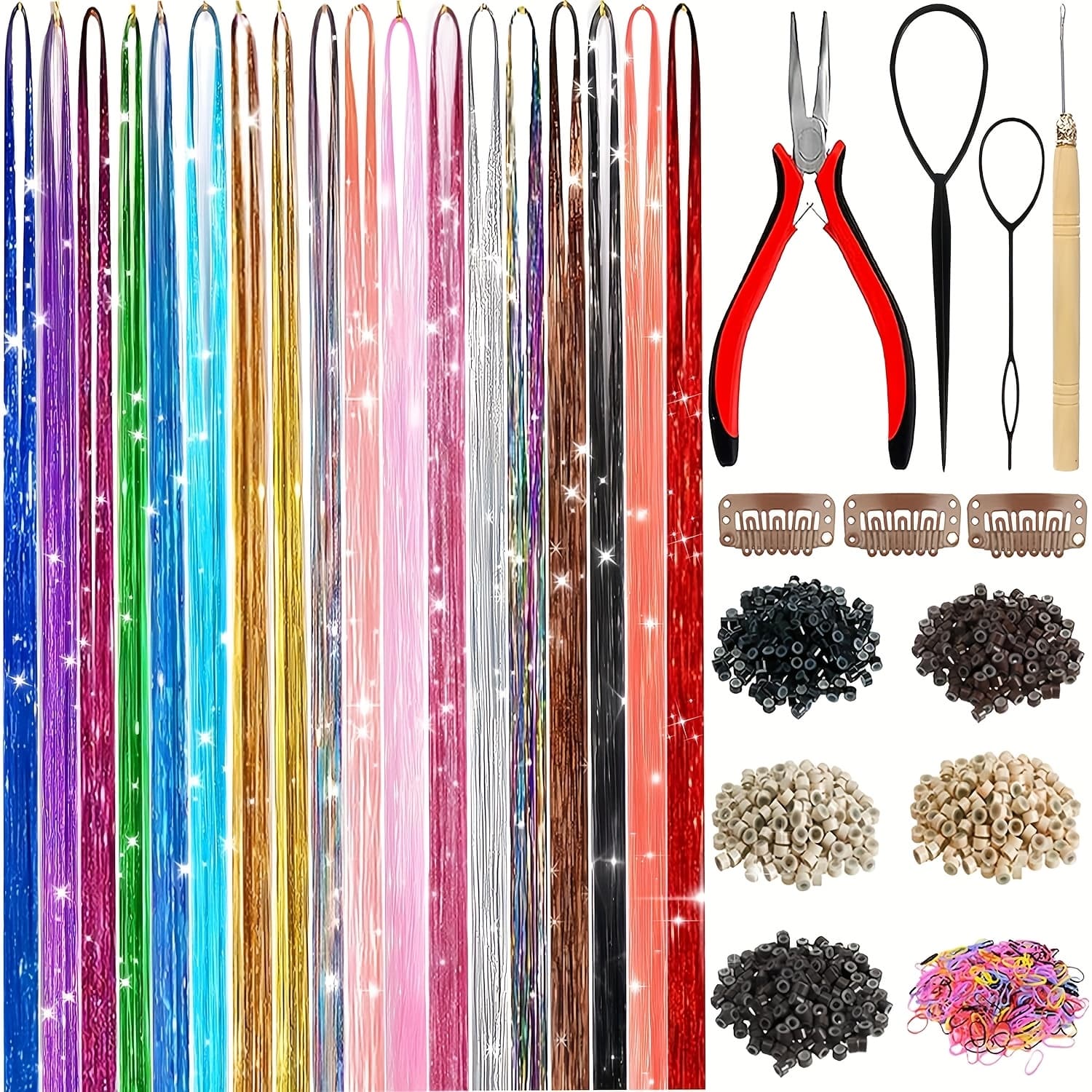 TEMU 18 Colors Glitter Hair Tinsel Extensions Kit - 7700 Strands With Tools & Beads, 53inch Heat Resistant Sparkly Fairy Hair Accessories For Women Girls, Christmas Party Festival