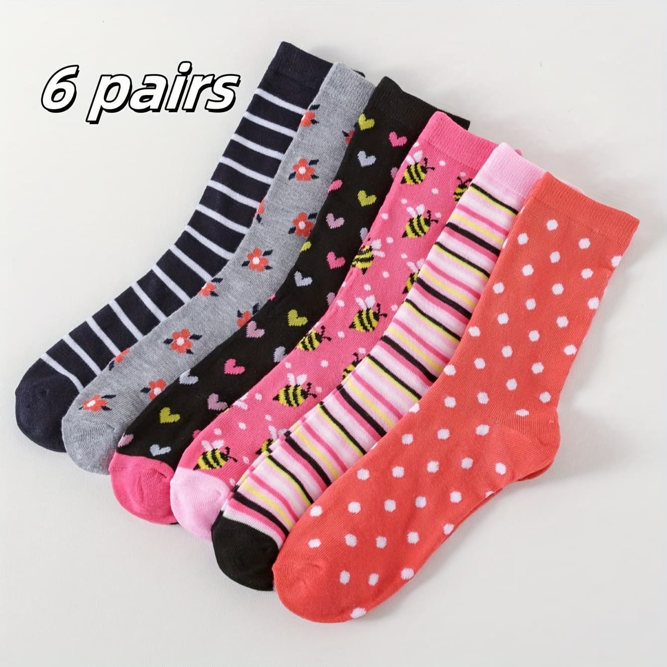 TEMU 6 Pairs/sets Of Women's 4 Fashion Style Bee Pattern Striped Polka Dot Mid-tube Socks