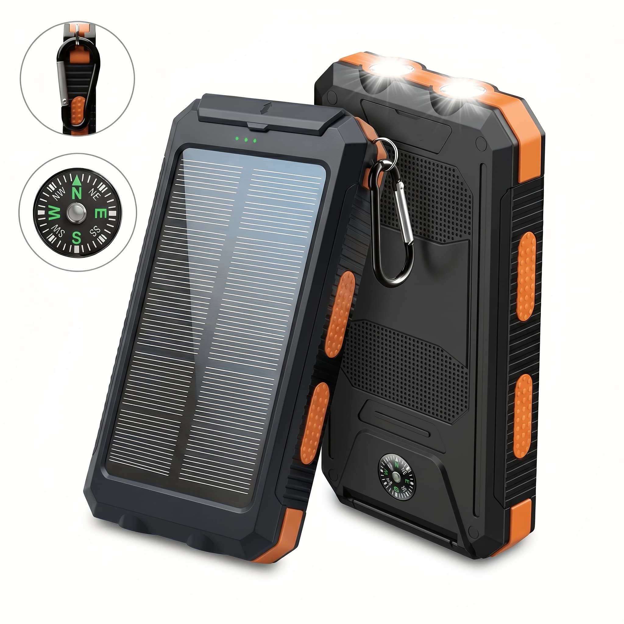 TEMU Portable Solar Mobile Phone Charger, Camping External Battery Charger For Mobile Phones, 2 Usb/ Led Flashlights With Compass For Outdoor Activities, 20000mah/40000mah Portable Solar Power Bank