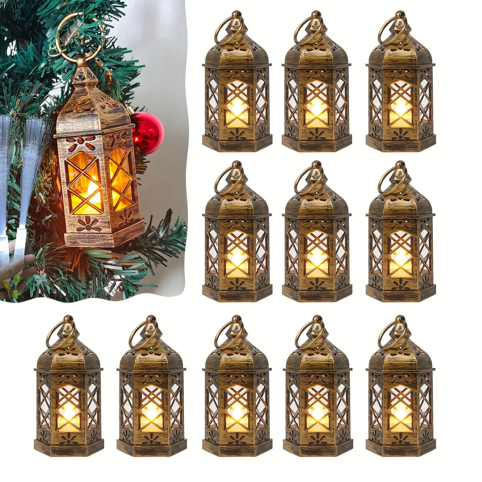 TEMU Mini Lantern Decorative 12pcs Small Lanterns With Led Candle, Halloween Decoration Hanging Lantern Decorative Vintage Lantern Bulk For Wedding Xmas Table Centerpiece Party Decor