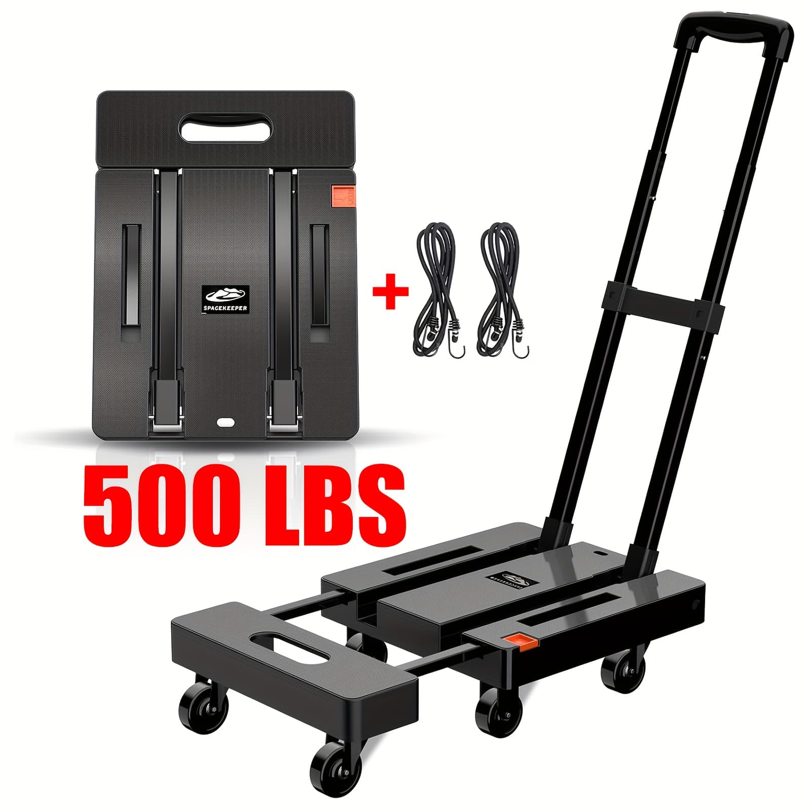 TEMU Collapsible Hand Trolley, 500 Lb Sturdy Luggage Cart, Utility Dolly With 6 Wheels & 2 Elastic Straps For Travel, Moving, Shopping, Office Use, Black