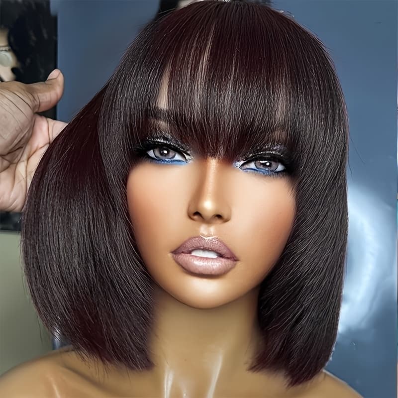 TEMU Burgundy Glueless Short Bob Straight Human Hair Wig With Bangs, Non-lace Front Wig For Women, Brazilian Hair Wig In 99j Color