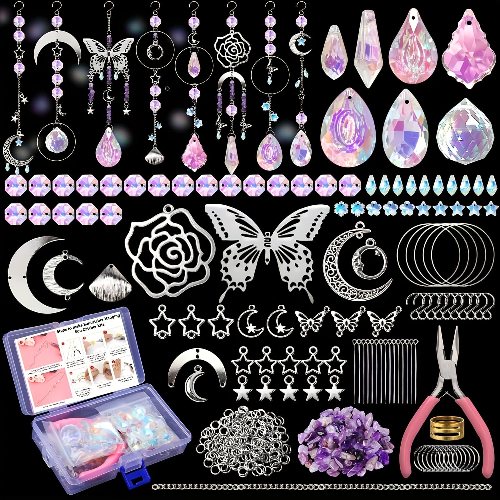 TEMU 350pcs Suncatcher Set, Rainbow Glass Crafting Kit Featuring Charms And Connectors, Tools For Light-catching Beads For Window And Garden Decorations, Silver-plated