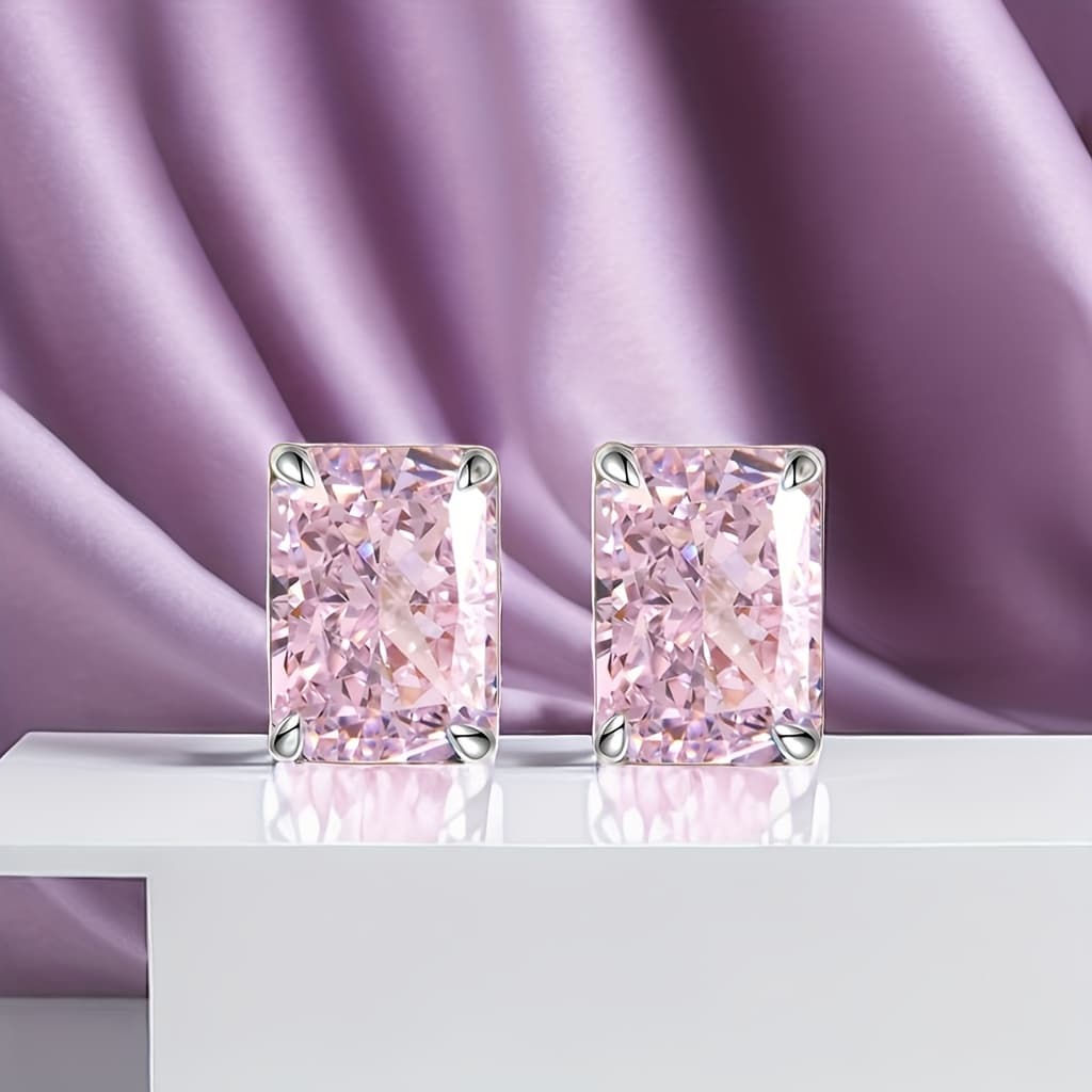 TEMU S925 Silvery Plated White Golden And Golden Stud Earrings Quality Ice Pink Synthetic Cubic Zirconiaia Oblong Four-prong Elegant Earrings 4 4 Carat 8*10mm, For Teenager