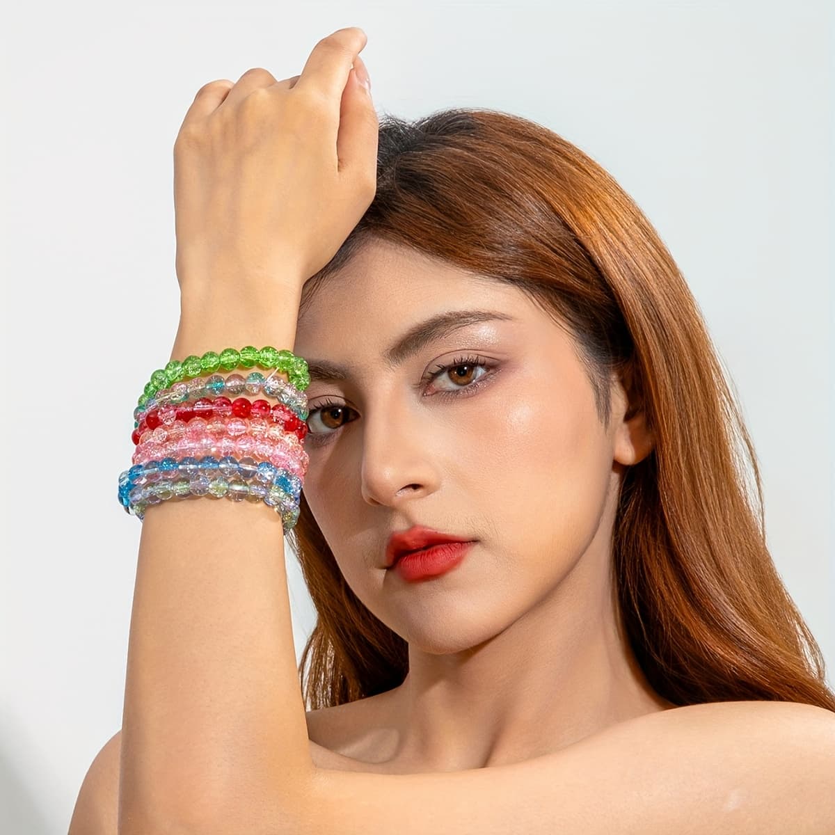 TEMU A Set Of 7 Bohemian-style Colorful And Vibrant Glass Bead Bracelets For Women, Designed For Layering, Perfect For Parties, , And Vacations