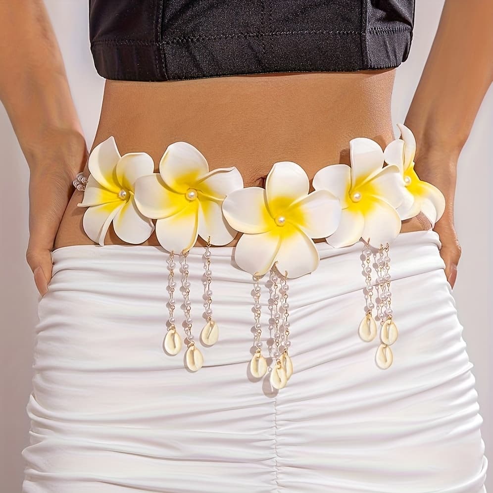 TEMU 1pc Stylish Instagram-style Polystyrene Artificial Frangipani Flower With Large , Chain, And Acrylic Tassel Waist Chain, Suitable For Women's Balls, , Parties, And As A Gift For