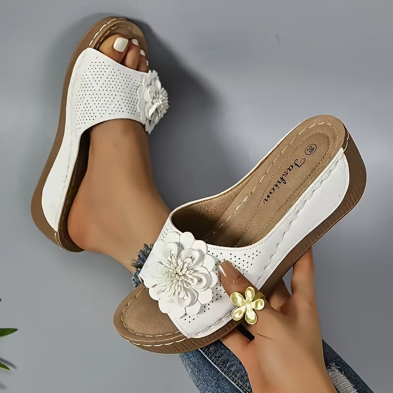 TEMU Flower Decorated Sandals: Thick Soled Hollow Out Walking Shoes With Comfortable Wedge Heels - Suitable For Vacation Slippers, Women Shoes