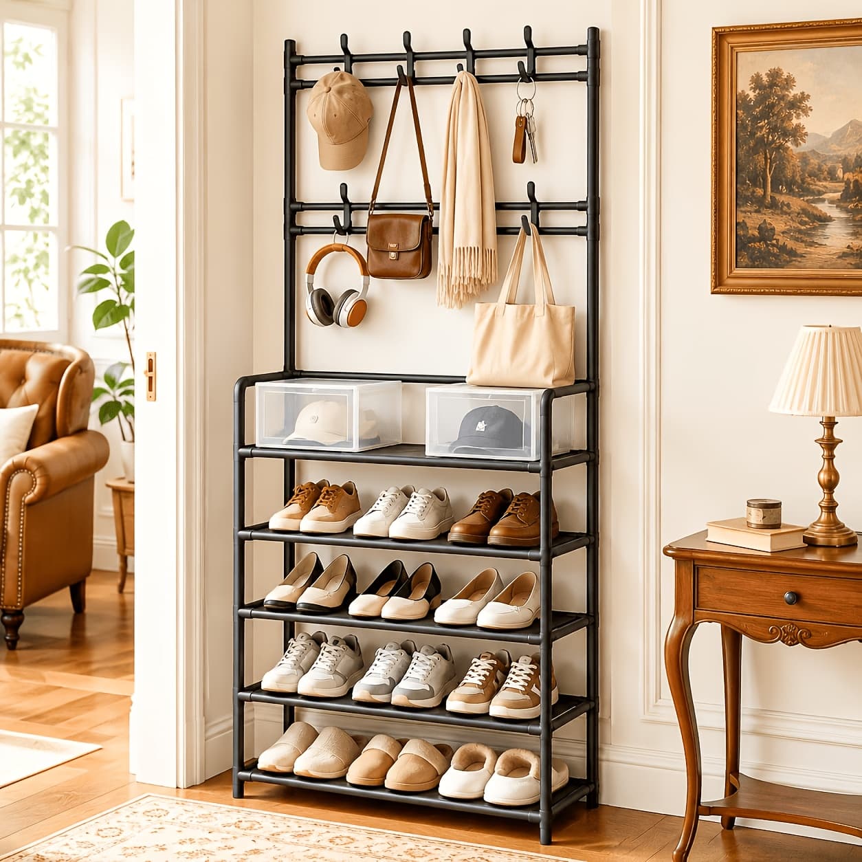 TEMU 5-tier & 3-tier Multifunctional Storage Rack, Entryway Organizer For Shoes & Hats, Ideal For Home, Living Room, Dorm, With 10 White Shoe Storage Bags Included