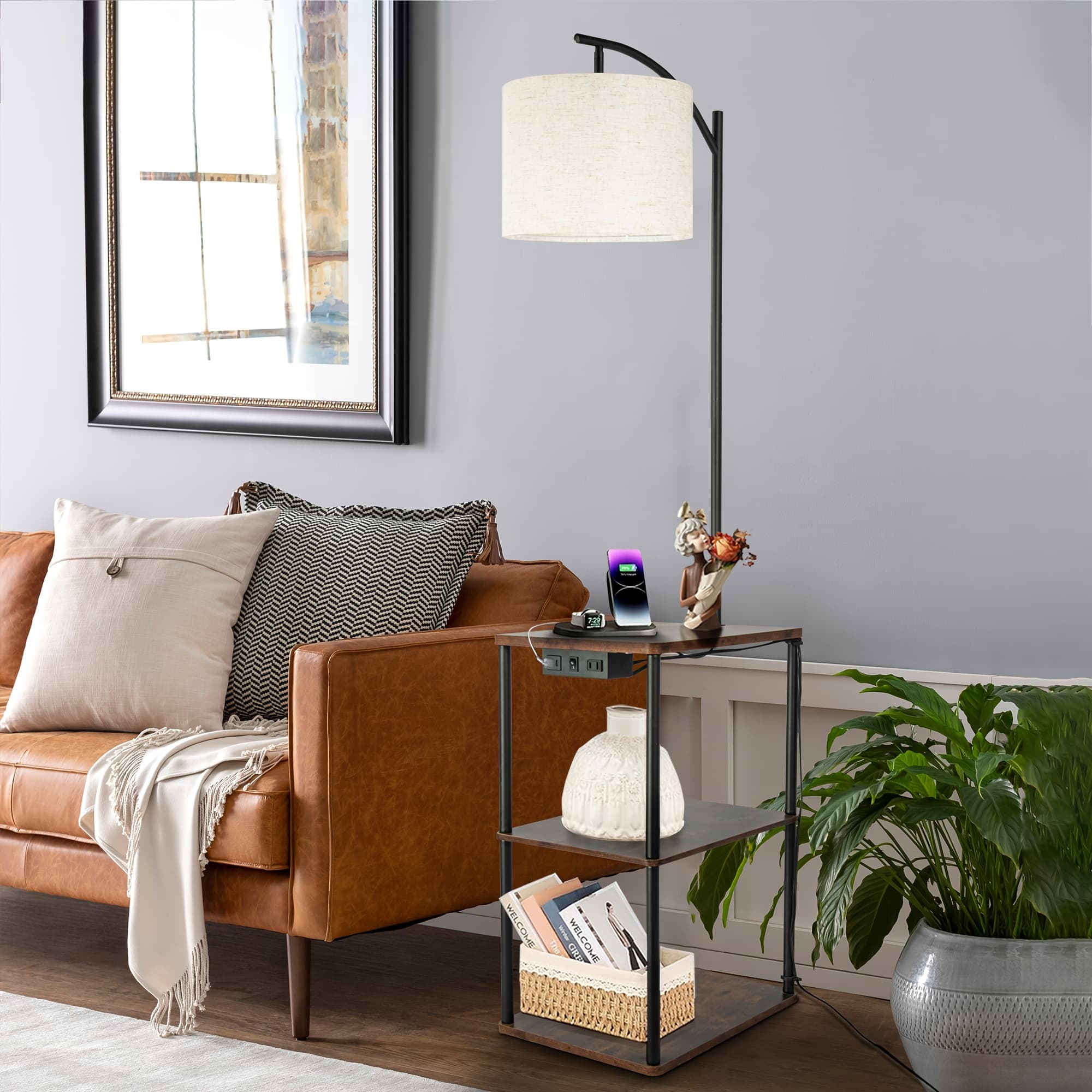 TEMU Floor Lamp With Table, End Table With Charging Station(usb & Type-c & Ac Port), 3 Color Temperatures 9w Led Bulb, Modern Shelves Side Table For Bedroom, Living Room