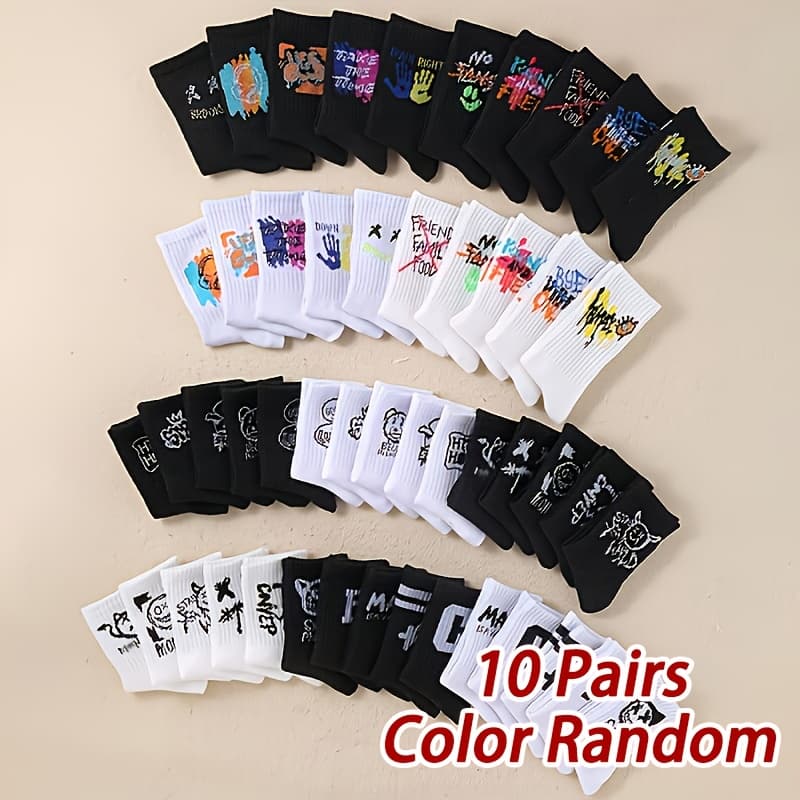 TEMU 10 Pairs Socks With Art & Letter Designs For - Black & Colors, Breathable Everyday Long Socks, Assorted Graffiti Styles