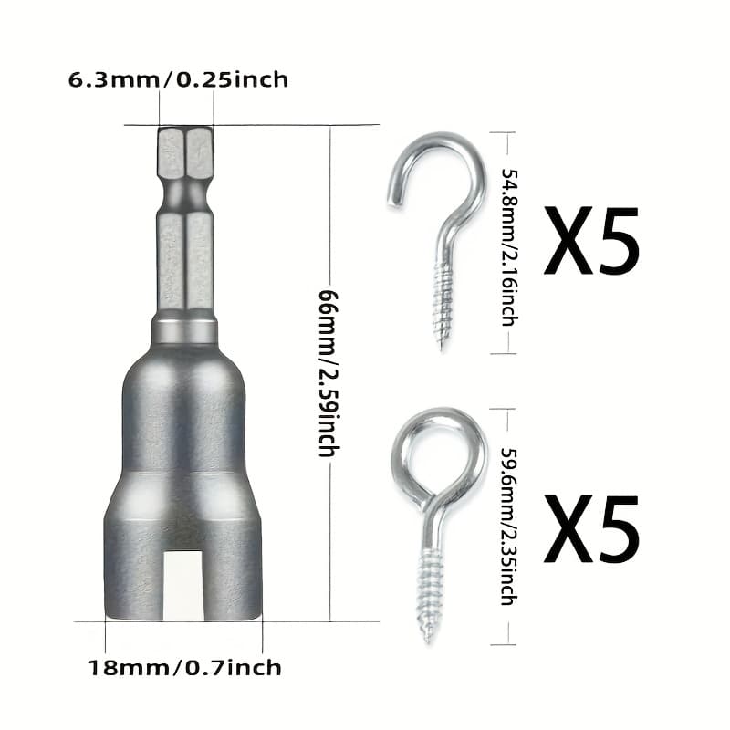TEMU 1pc Combo Power Tool Set: Electric Screwdriver Slot With Socket Wrench, 6.35mm Hex Socket Adapter Nut + 5 Light Hooks + 5 Closed-end Hooks