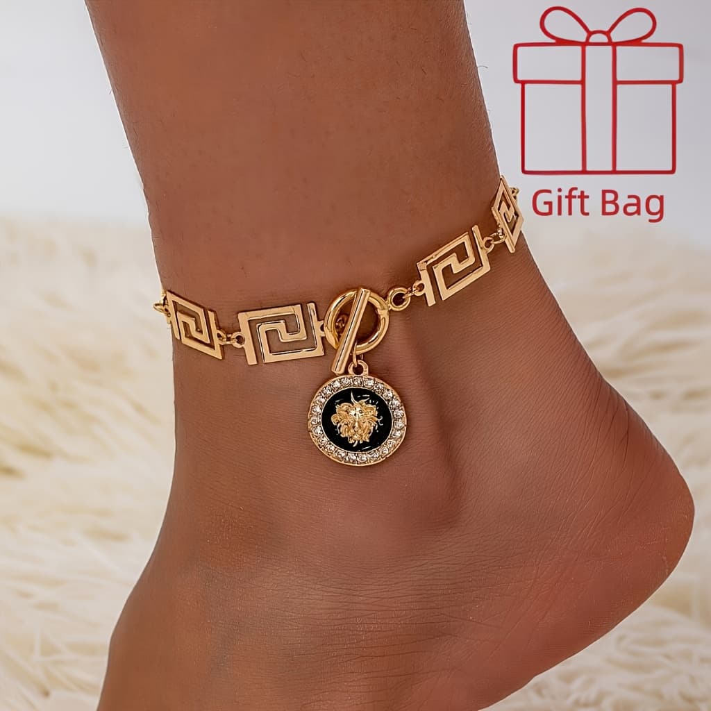 TEMU Golden Bohemian Pendant Stainless Steel Ankle Chain, With Black - Women's Fashion Casual Wear, Stainless Steel Chain, With A Gift Bag