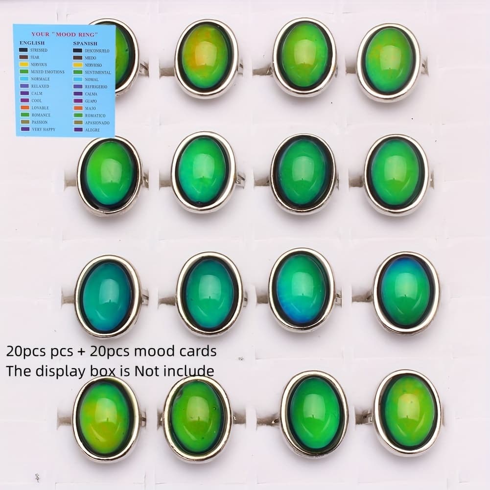 TEMU Us 20pcs Mood Rings + 20pcs Mood Cards For Men Women Jewelry Vintage Mood Color Changing Ring Boho Rings Colorful Adjustable Rings Set