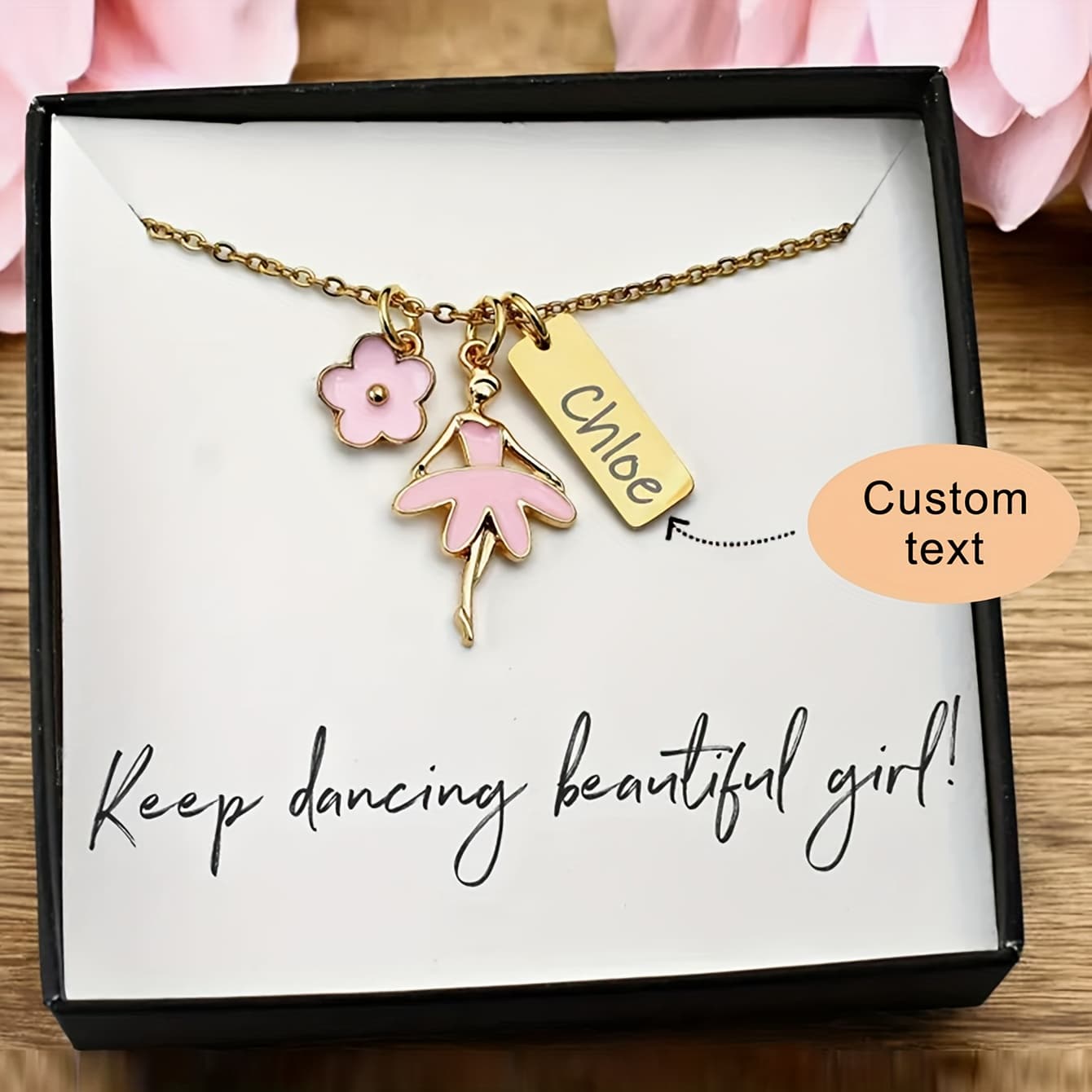 TEMU Romantic Ballet Necklace With Flowers, Dancers, And A Custom Square Tag Pendant. Exquisite, Sweet, And