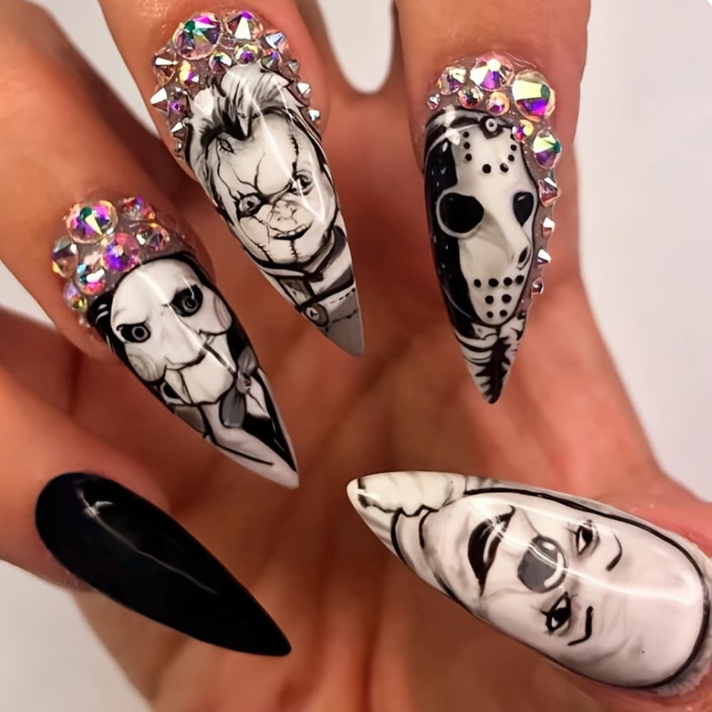 TEMU 48pcs (2 Sets) Featuring 24pcs (1 Set) Of Mystery-themed, Halloween Long Almond-shaped Glossy Press-on Nails With 3d Decorations In A Pink French Gradient Glitter Design. Colorful