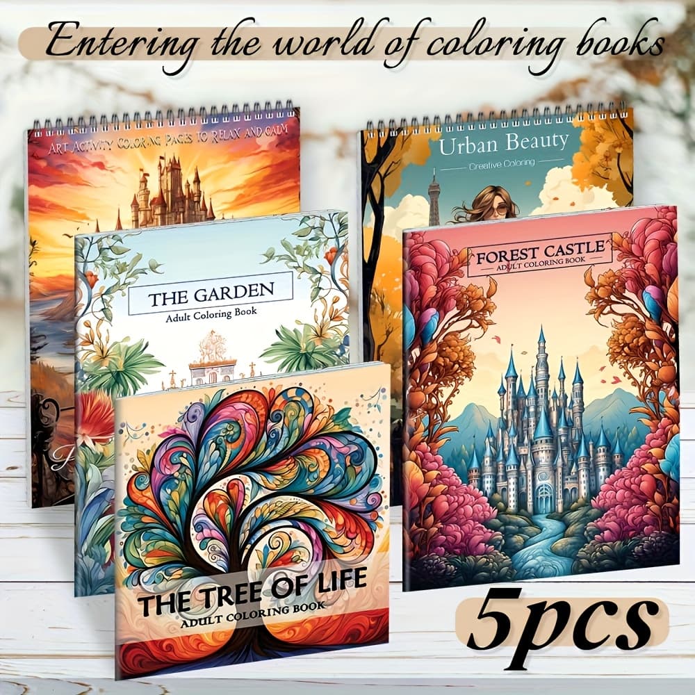 TEMU A Collection Of 5 Coloring Books, Either Spiral-bound Or -stitched, Showcasing Themes Such As Of Life, Castles, Princesses, And Gardens. Books Are For Stress And Promoting Relaxation