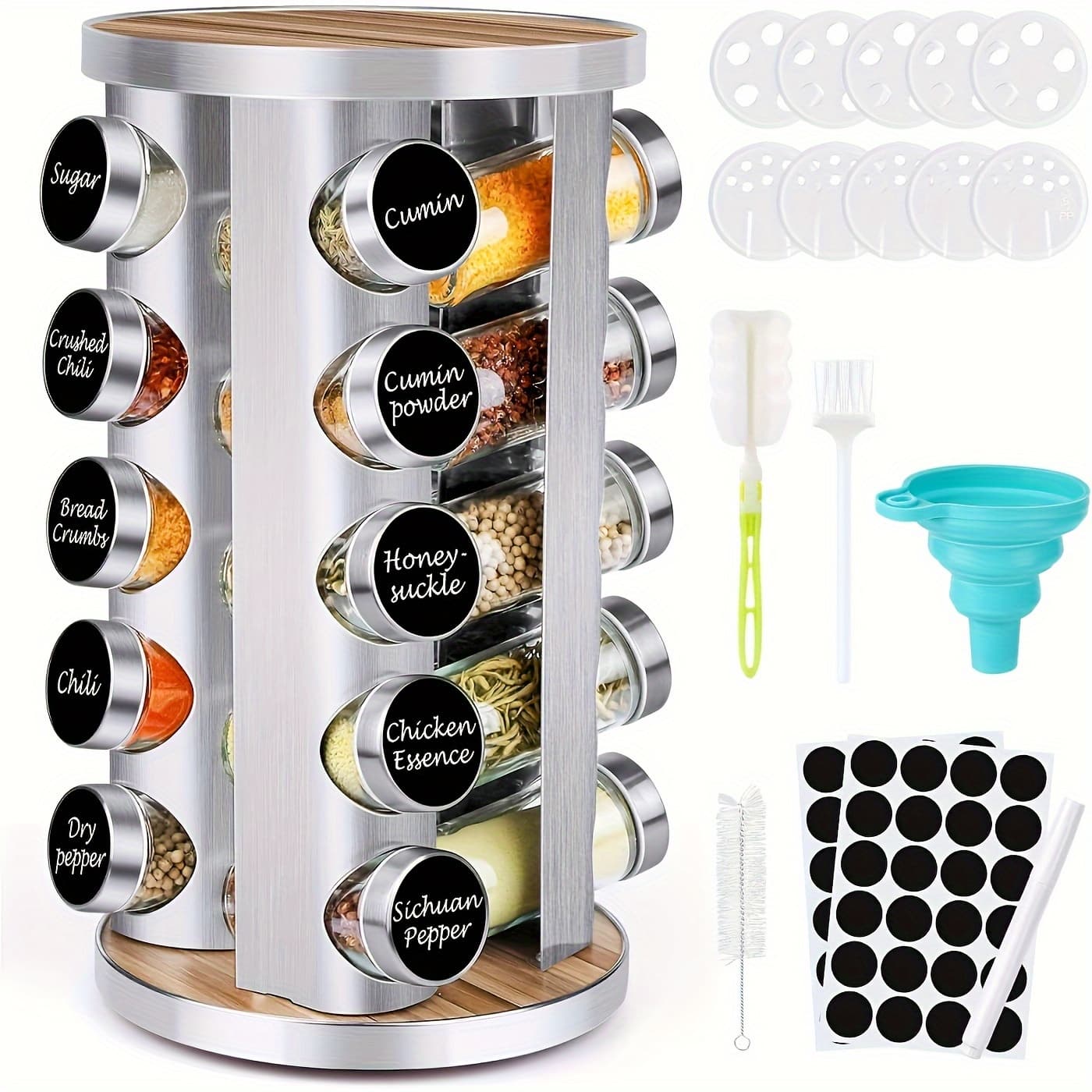 TEMU Spice Rack Organizer With Jars For Cabinet Revolving/rotating Seasoning Organizer, Stainless Steel/wooden Tower Organizer For Kitchen Pantry With Reusable Labels/funnel/brushes