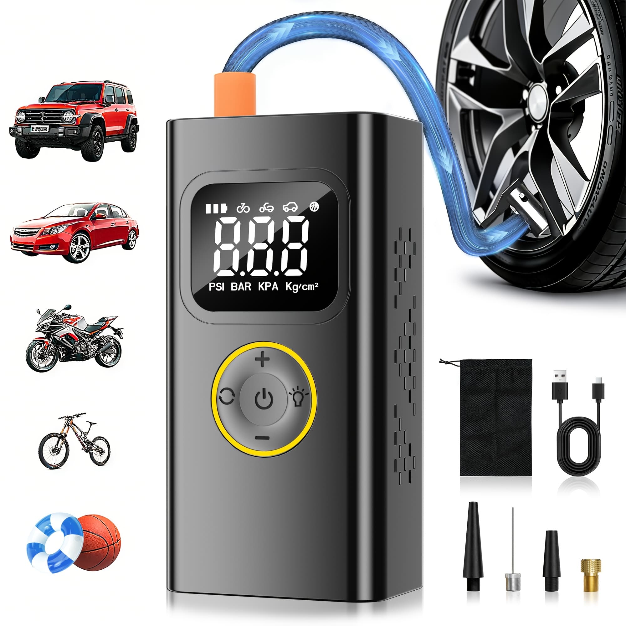 TEMU Air Compressor, 150psi 3x Faster Cordless Tire Inflator With Digital Pressure Gauge, Led Light & 4 Nozzles For Car, Bike, Motorcycle, Balls