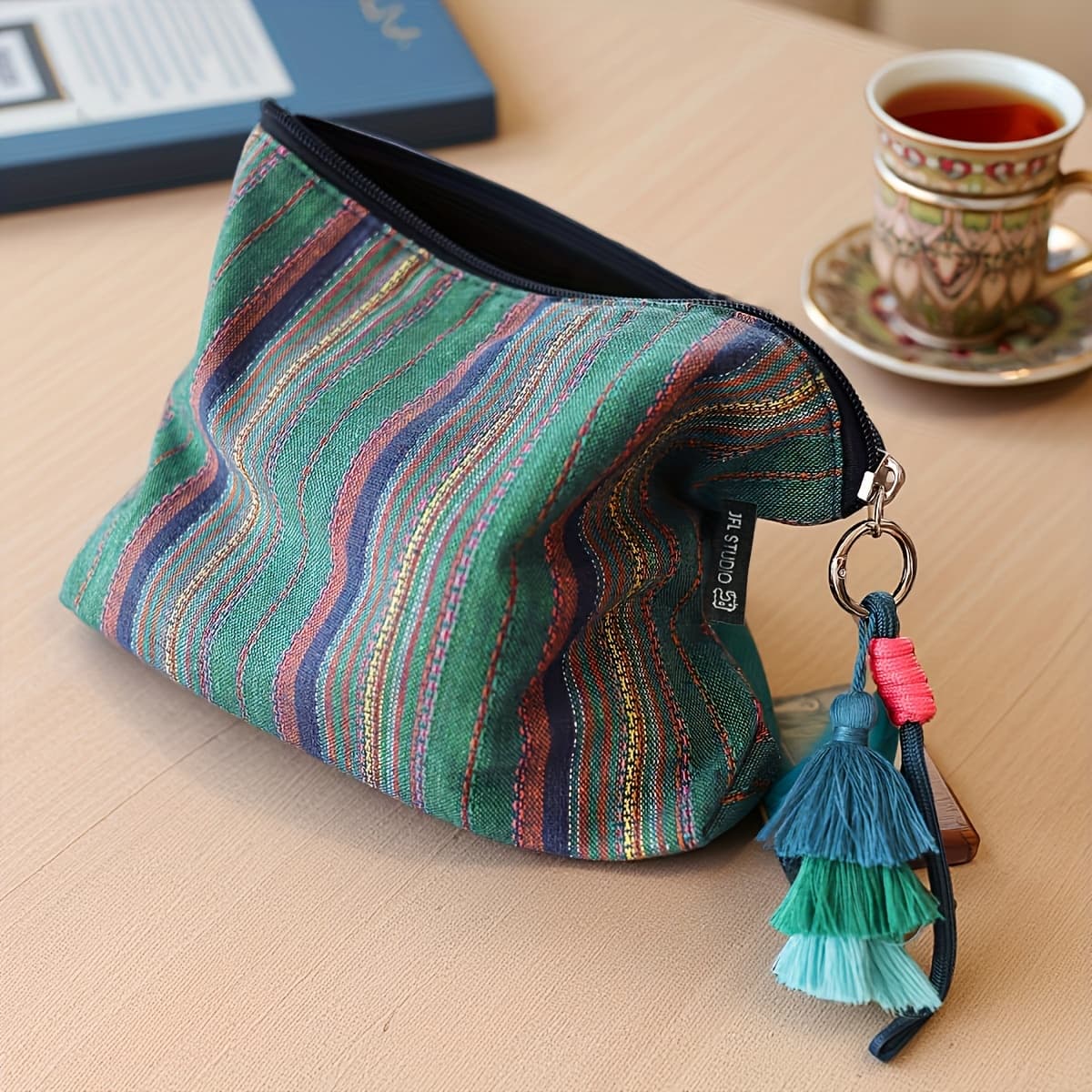 TEMU Colorful Striped Tassel Decorated Ethnic-style Hand-held Cosmetic Bag, Zipper Travel Storage Bag, Mini And Compact, Portable And Can Hold Phone. To Messy Portable Makeup Bags.