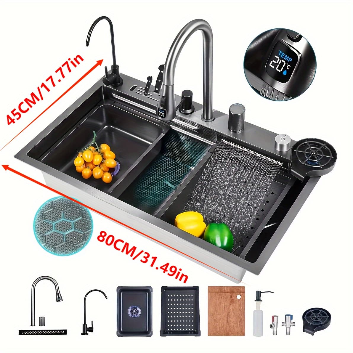 TEMU Stainless Steel Kitchen Sink, Digital Waterfall Sink With Cup-shaped Washer And Detachable Waterfall Faucet