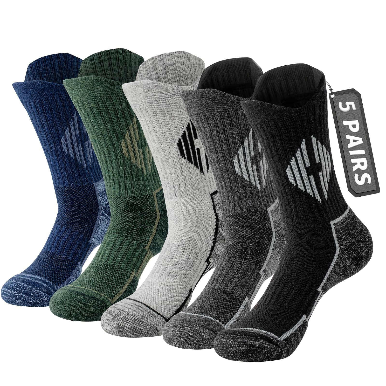 TEMU 5 Pairs Of Merino Wool Hiking Socks For Men And Women, Offering Compression Support, Sweat Absorption, , And Thick Cushioning - Perfect For Festival Gifts
