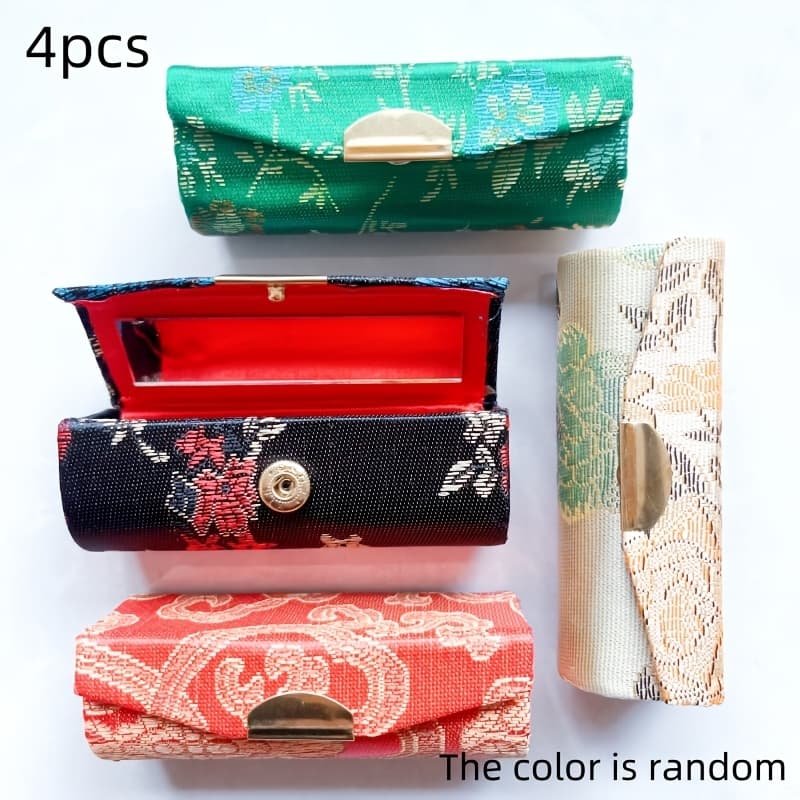 TEMU 1/2/3/4pcs Brocade Single Lipstick Case, Chinese Vintage Jewelry Box With Mirror, Lipstick Pouch
