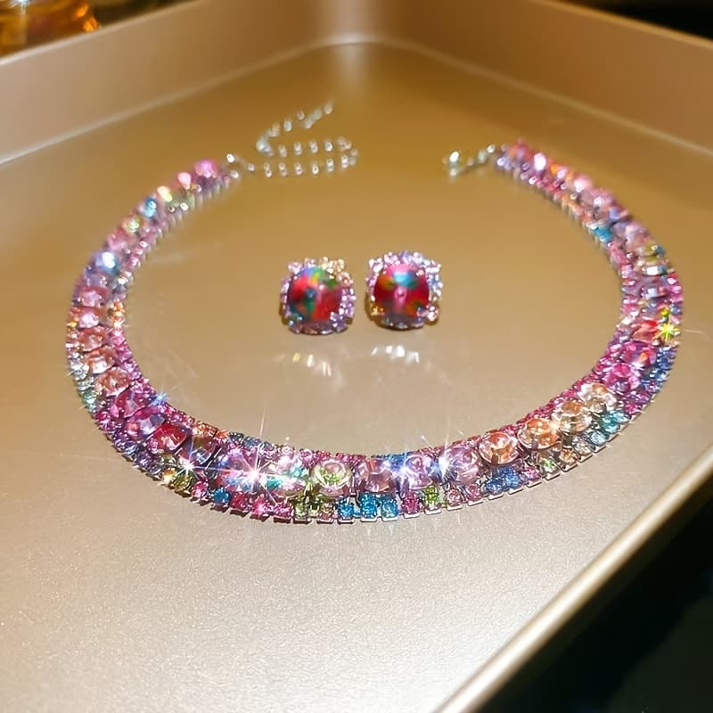 TEMU Elegant And Luxurious 2pcs Set Of Colored Necklace And Earrings, A Stylish And Sophisticated Collarbone Chain Accessory, Suitable For Daily Wear, Parties, Banquets, And As A Gift