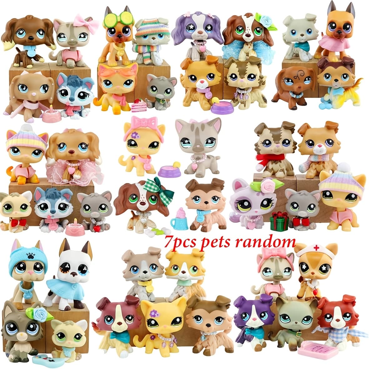 TEMU Random 7pcs Mni Pet Shop Figure Doll Figurines And 10pcs Accessories For Lps, Collie Short Hair Cat Great Dog And More, Collectible Imagination, Christmas Birthday Halloween Gift For Lps Fans