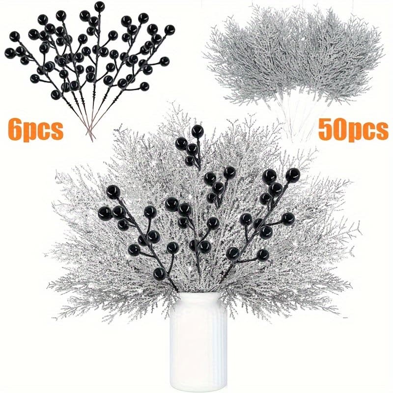 TEMU 50 Pcs 14 Inch Christmas Silvery Artificial Pine Branches- 6 Pcs 7.8 Inch Glitter Fake Foliage Pine Stems Picks- Silvery Leaves Artificial Pine Needles For Diy Christmas Wreath Home Decoration