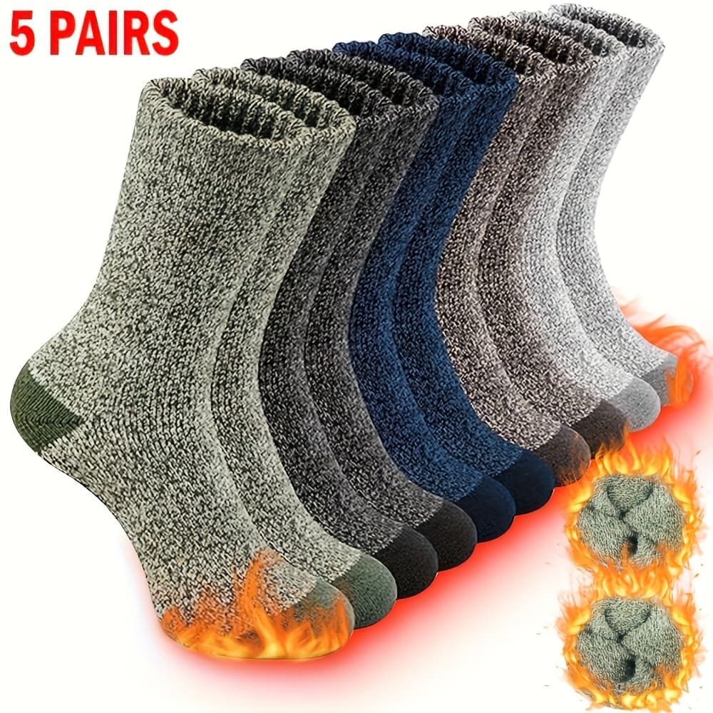 TEMU 5-pair Men's Warm Winter Socks - Comfortable And Thermal, Suitable For Hiking, Fishing | Breathable Polyester | Machine Washable