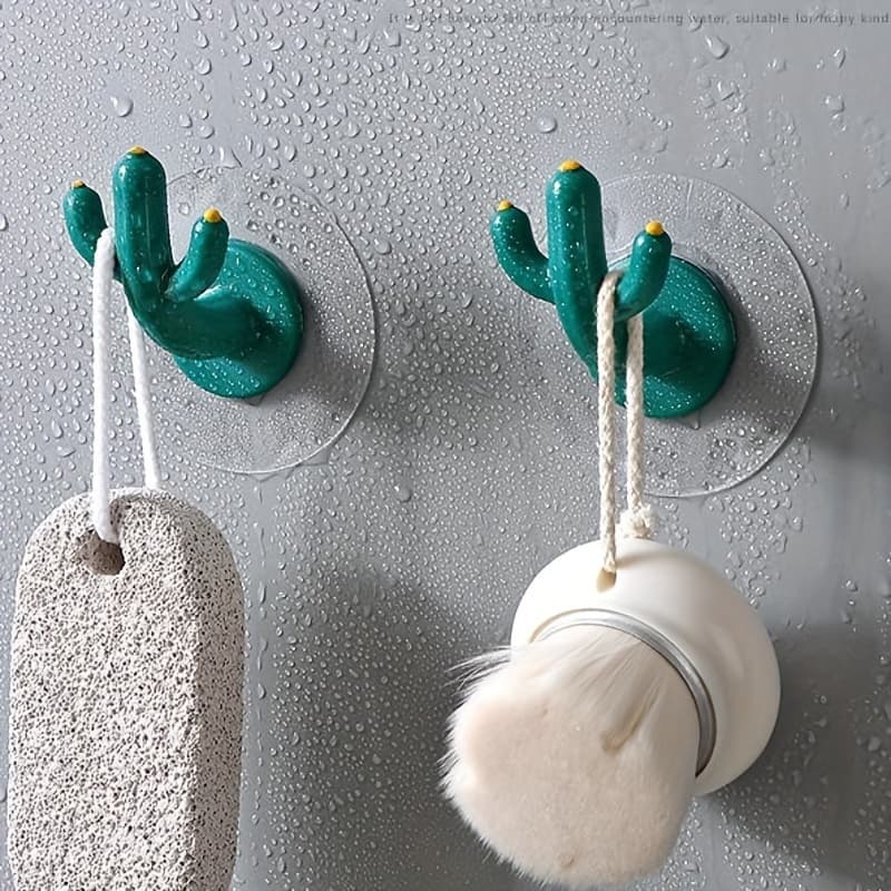 TEMU 2-pack Cactus Wall Hooks, Plastic, Wall Mount, Transparent Adhesive, Nail-free, Seamless, , , Space-, Stylish, Versatile For Kitchen, Bathroom, Bedroom, Office, Utility Hooks