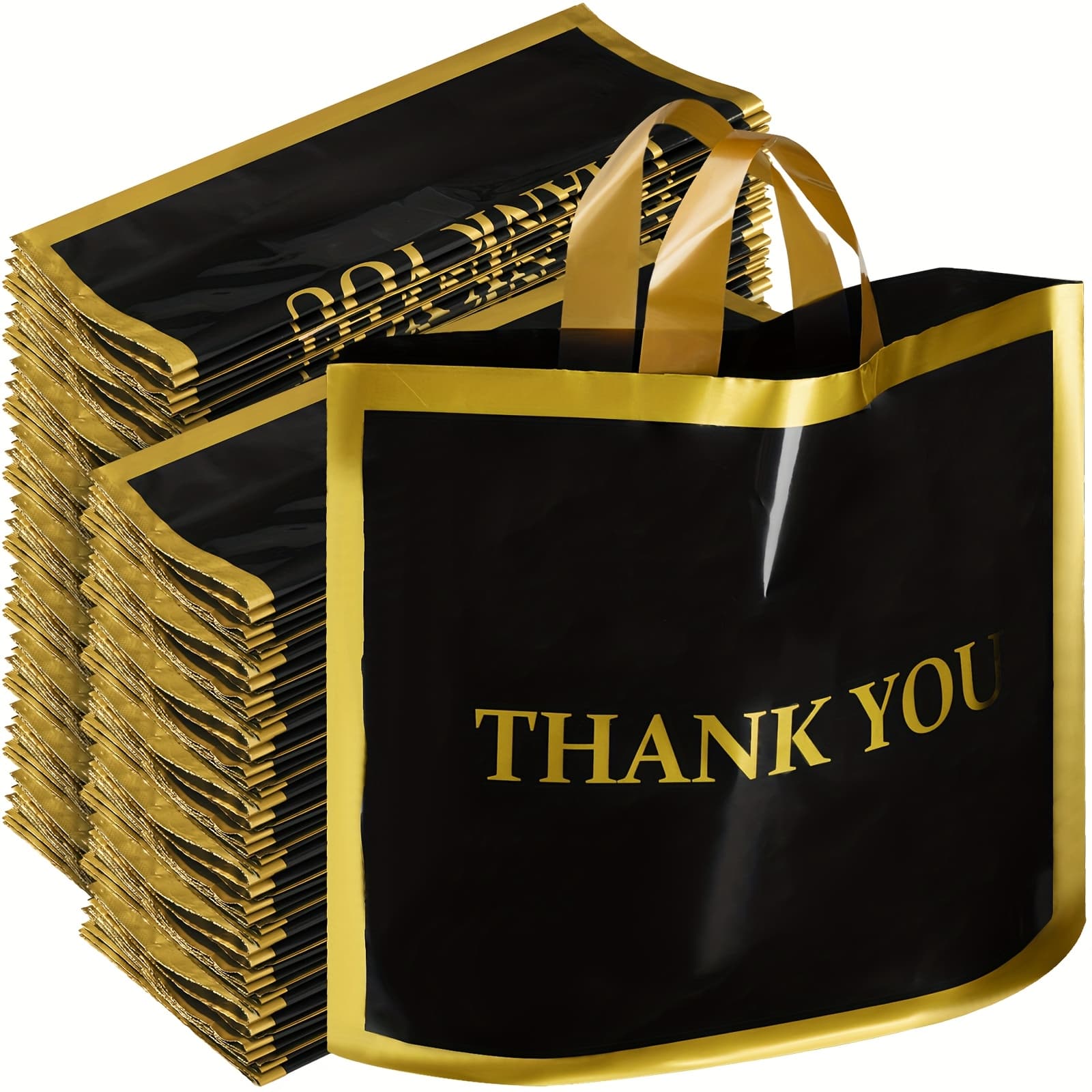 TEMU 200pcs Thank You Plastic Shopping Bags For Small Business Bulk 12 X 15in Merchandise Boutique Bags With Handle Golden Loop (black)
