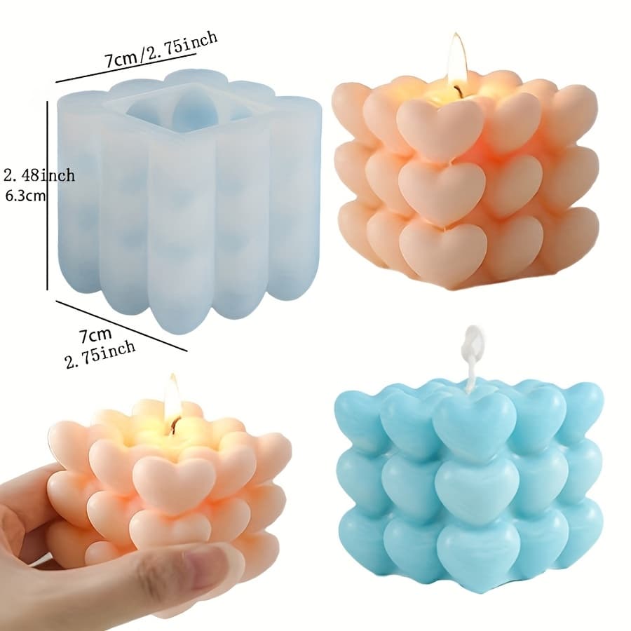 TEMU 3d Heart-shaped Bubble Candle Mold, Cube Overlapping Heart-shaped Candle, Silicone Mold, Soap, Valentine's Day Gift, Home Decoration Item Making, Resin Silicone Mold For Jewelry
