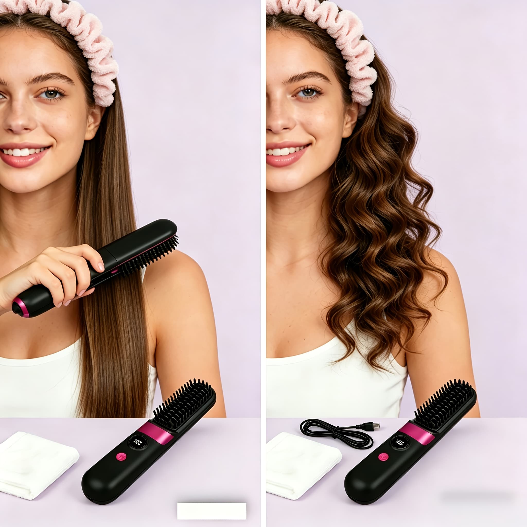 TEMU Portable Wireless Hair Straightener Comb - Usb Charging, 3-speed Temperature Control, Negative , Long-lasting , Led Display Screen, Lightweight, Perfect For Travel, With Comb And Clip Included
