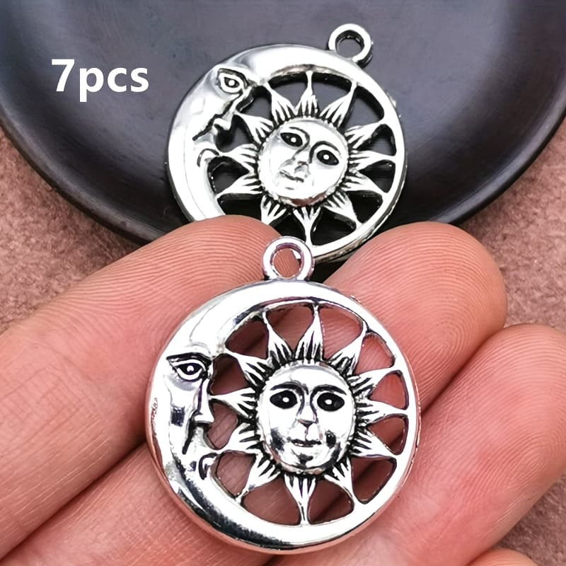 TEMU 7pcs Sun And Moon Charm Pendants - Bohemian Style Handmade Jewelry Charms With Intricate Designs, 24mm Metal For Bracelets Necklaces Earrings, Charms For Jewelry Making
