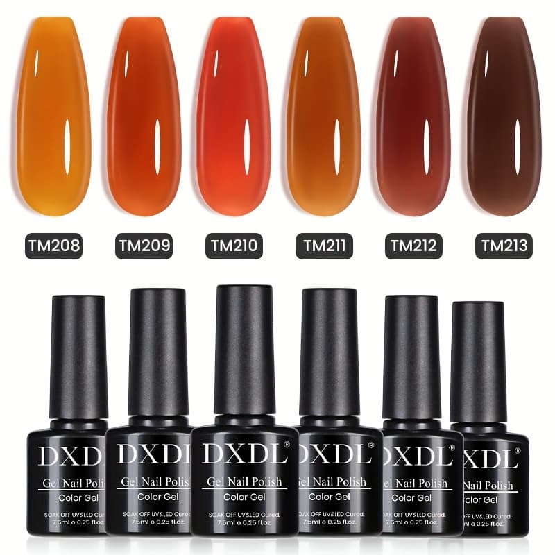 TEMU Dxdl 6pcs 7.5ml Amber Gel Nail Polish Set, Red Wine Red Orange Transparent Gel Polish Soak Off Uv Fall Nail Art For At Home