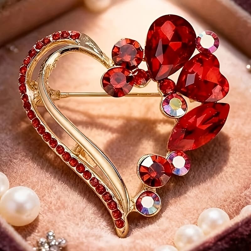 TEMU Vintage Heart-shaped Brooch | Elegant Alloy With Plated K And Glass Mosaic, Ideal For Daily Wear And Gift-, Perfect For Valentine's Day
