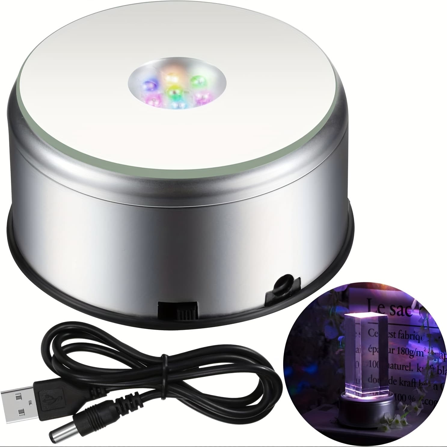 TEMU 1pc 7 Led Rotating Display Stand With Usb Cable, 360 Degree Colorful Display Base Spinner, Cup Turner Platform For Tumbler, Glass, Jewelry, Art Craft Gift