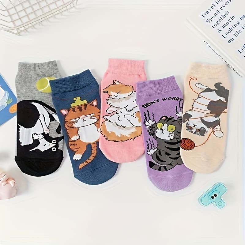 TEMU 5 Pairs Of Cartoon Cat Socks, Innovative College Style, Cute Cat Socks, Women's Low Cut Socks - Fashionable, Comfortable, Cute, Suitable For Daily Wear